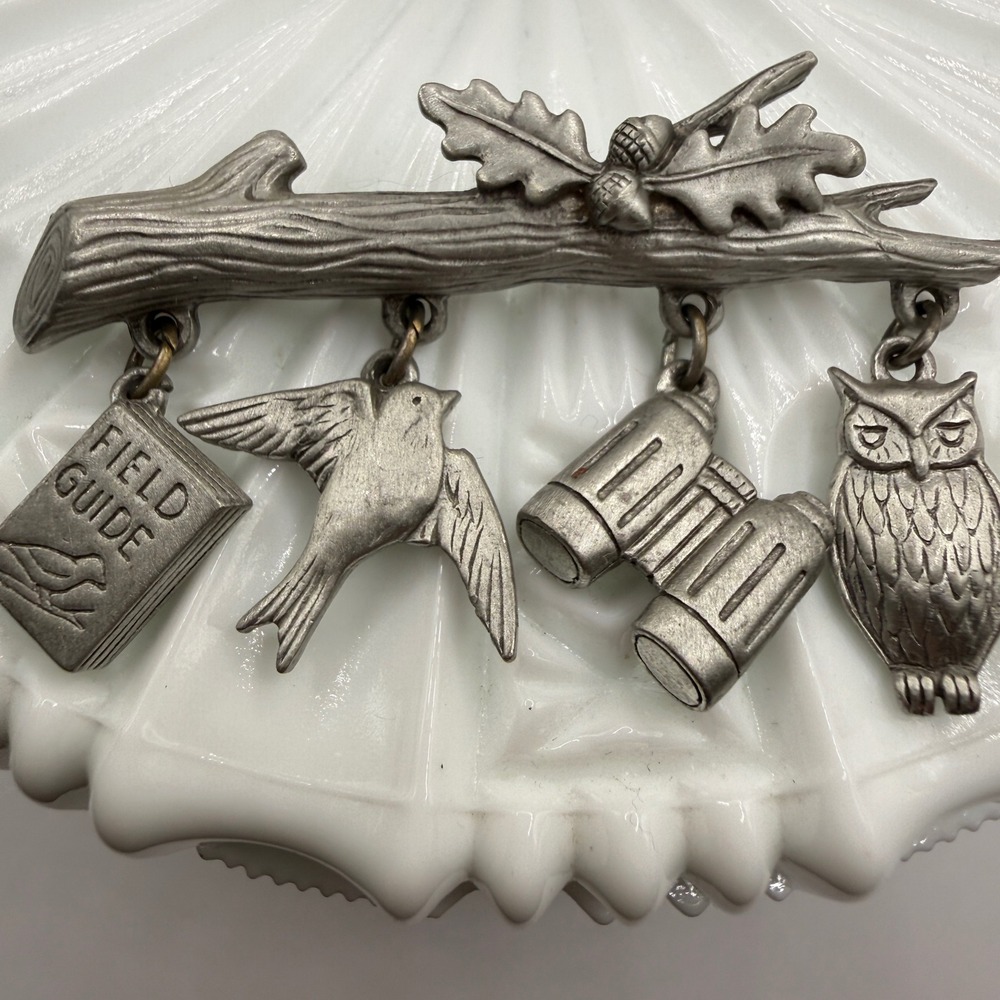 JJ Jonette Pewter Bird Watching Brooch Pin Field Guide Binoculars Owl Vintage